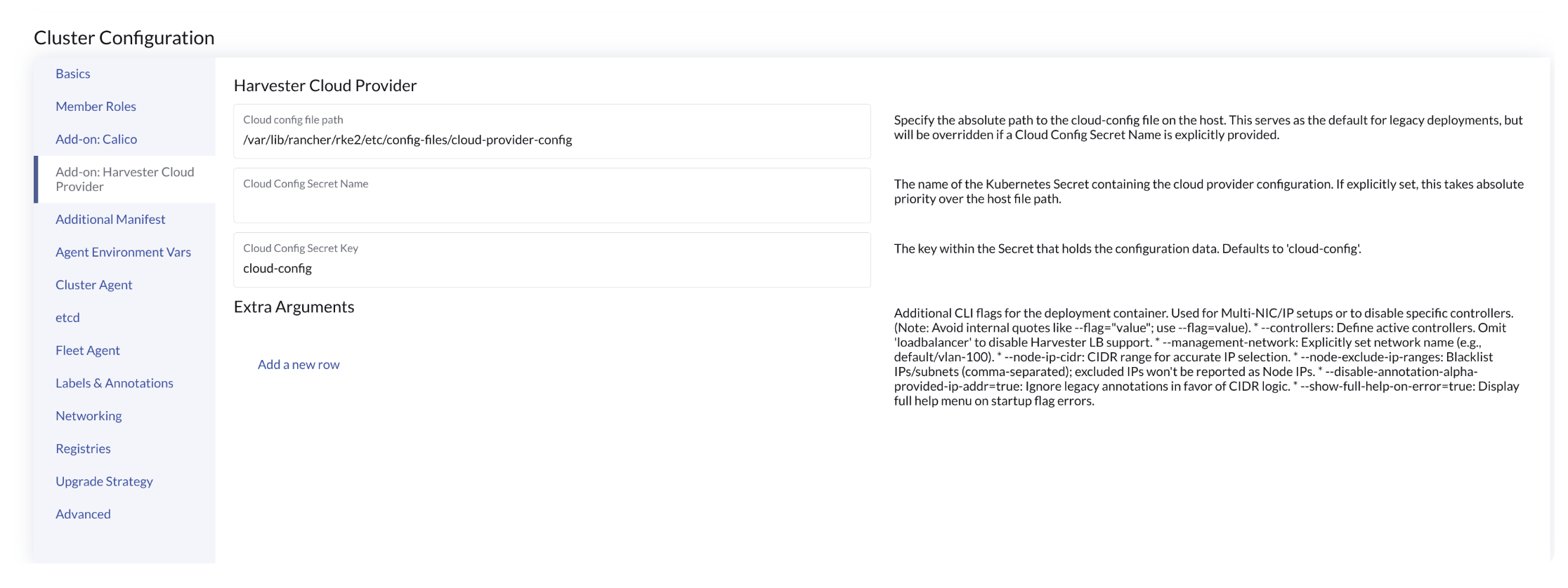 Rancher UI options for Harvester Cloud Provider